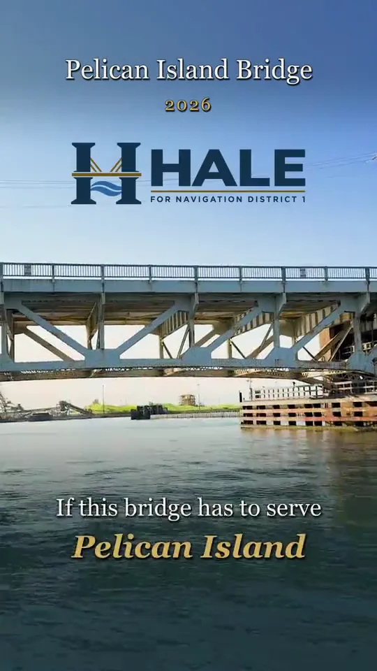 Opening frame of the Pelican Island Bridge video showing the actual bridge with the Hale for Navigation District 1 logo.