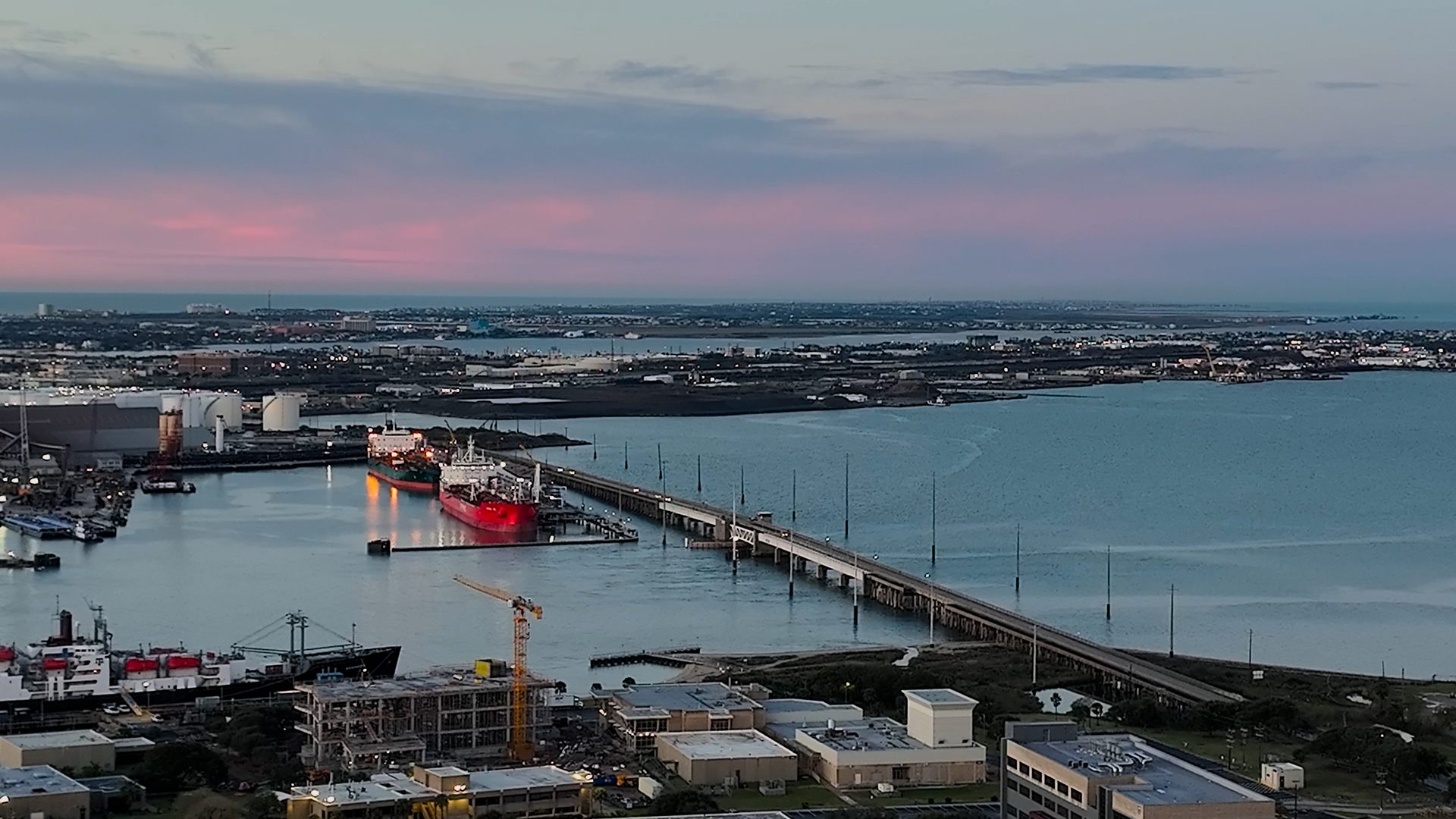 Aerial view of the Pelican Island Bridge over Galveston Harbor, with Texas A&M University at Galveston on Pelican Island